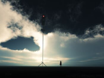 1girl 3d cloud highres original polin ruins scenery silhouette sky traffic_light