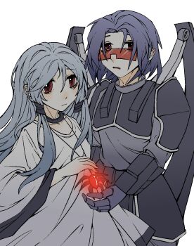 Rule 34 | 1boy, 1girl, armor, bai he, black gloves, body armor, brother and sister, commentary request, dress, gloves, grey hair, grey shirt, highres, jewelry, lagunas, long hair, necklace, open mouth, pauldrons, power armor, red eyes, seihou, shirt, shoulder armor, siblings, sidelocks, simple background, skirt, sunglasses, white background, white dress, wide sleeves, yuitia (seihou)