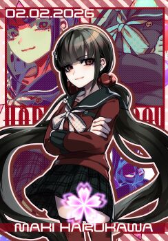 1girl black_hair blunt_bangs brown_hair character_name commentary_request crossed_arms danganronpa_(series) danganronpa_v3:_killing_harmony hair_ornament hair_scrunchie hairclip harukawa_maki highres long_hair long_sleeves looking_at_viewer low_twintails mole mole_under_eye nota_sayaka pleated_skirt red_eyes red_scrunchie red_shirt sailor_collar school_uniform scrunchie shirt skirt smile twintails