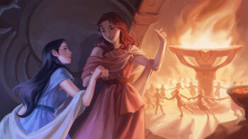 2girls aged_down aina_(mayexplode) alternate_costume arm_up belt black_hair blue_dress braid brown_belt brown_hair dancing diana_(league_of_legends) dress freckles grin highres holding_hands league_of_legends leona_(league_of_legends) long_hair multiple_girls off_shoulder people pink_dress single_braid smile teeth