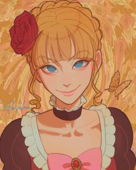 1girl aegyo_sal beatrice_(umineko) black_dress blonde_hair blue_eyes blunt_bangs bow braid bug butterfly choker collarbone commentary crown_braid dress english_commentary floral_background flower formal_clothes frilled_choker frilled_dress frills golden_butterfly highres insect laabsalom no_pupils pink_bow rose signature smile solo square_neckline umineko_no_naku_koro_ni upper_body yellow_background yellow_butterfly