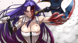 Rule 34 | 1girl, axe, bare shoulders, battle axe, blood, blue hair, blush, breasts, bright pupils, cleavage, elbow gloves, exposed bone, exposed muscle, fumitan (humitan), gloves, guro, healing, highres, holding, holding axe, huge weapon, large breasts, long hair, looking at viewer, missing limb, ninja, ponytail, red eyes, reforming, regeneration, taimanin (series), taimanin murasaki, taimanin suit, very long hair, weapon, yatsu murasaki