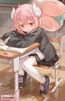 1girl absurdres ahoge artist_name ass black_jacket black_shoes black_skirt blue_panties blush brown_eyes chair classroom cloneko_(zelmeledf2) commentary_request commission curled_horns desk eraser flying_sweatdrops garter_straps highres horns indoors jacket layered_sleeves long_sleeves miniskirt multiple_views on_chair open_clothes open_jacket open_mouth original paid_reward_available panties pee pee_puddle peeing peeing_self pink_hair plaid_clothes plaid_skirt pleated_skirt school_chair school_desk school_uniform shirt shoes short_hair sitting skeb_commission skirt sneakers thighhighs twitter_username underwear wet wet_clothes wet_panties white_garter_straps white_horns white_shirt white_thighhighs wooden_floor