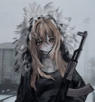 1girl absurdres ak-47 assault_rifle black_jacket blood blood_on_face blush brown_eyes brown_hair closed_mouth coat fur-trimmed_hood fur_trim gun hair_between_eyes highres holding holding_gun holding_weapon hood hood_up injury jacket kalashnikov_rifle long_hair looking_at_viewer original outdoors rifle snow solo stuffbecauseidk upper_body weapon winter