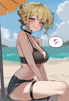 1girl alternate_costume beach black_bra blonde_hair blue_shorts blue_sky blurry blurry_background blush bra clenched_teeth cutoffs day evelyn_chevalier heart highres minez navel ocean purple_eyes shorts sitting sky solo speech_bubble spoken_heart stomach teeth thigh_strap underwear zenless_zone_zero