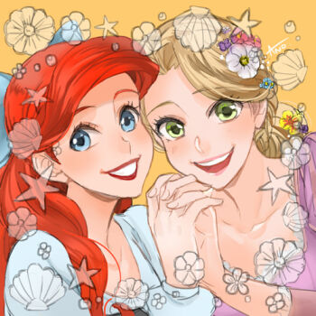 Rule 34 | 2girls, :d, ano (sbee), ariel (disney), artist name, blonde hair, blue eyes, crossover, disney, dress, eyelashes, fingernails, flower, green eyes, hair flower, hair ornament, hair ribbon, happy, holding hands, lipstick, long hair, looking at viewer, lowres, makeup, multiple girls, open mouth, orange background, own hands together, purple dress, rapunzel (disney), red hair, ribbon, shell, simple background, smile, star (symbol), tangled, the little mermaid (disney)