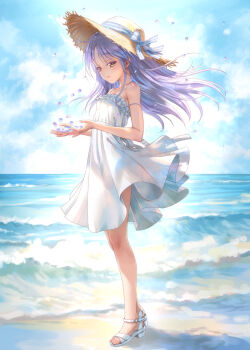 1girl angel_beats! bare_shoulders beach breasts commentary_request dress goto_p grey_hair hat highres horizon long_hair ocean petals sky small_breasts smile solo sun_hat sundress sunlight tachibana_kanade waves wind yellow_eyes