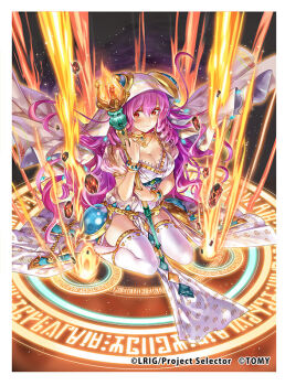 1girl breasts chachie cleavage closed_mouth copyright_notice crystal_wings dress drill_hair hat hestia_(wixoss) holding holding_wand long_hair looking_at_viewer medium_breasts official_art pink_hair red_eyes solo thighhighs twin_drills very_long_hair wand white_background white_dress white_hat white_thighhighs wings wixoss