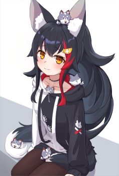 1girl absurdres animal_ears black_choker black_hair black_hoodie black_pantyhose black_shorts choker highres hololive hood hoodie long_hair looking_at_viewer miofa_(ookami_mio) morotade_kudou multicolored_hair official_alternate_costume ookami_mio ookami_mio_(hoodie) pantyhose ponytail red_streaks shorts smile solo streaked_hair tail two-tone_hoodie very_long_hair virtual_youtuber white_background white_hoodie wolf_ears wolf_girl wolf_tail yellow_eyes