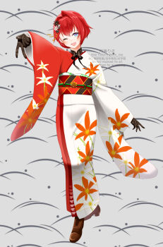 1girl ange_katrina ange_katrina_(new_year) black_flower black_gloves black_sash blue_eyes blush brown_shoes commentary_request eyelashes floral_print floral_print_kimono flower full_body furisode gloves gradient_eyes grey_background gyaru_v hair_flower hair_intakes hair_ornament hand_up high_heels highres japanese_clothes kanzashi kimono lace lace_gloves long_sleeves looking_at_viewer minatsuki_lisa multicolored_eyes multicolored_sash nijisanji obi obiage obidome obijime one_eye_closed open_mouth orange_sash outstretched_arm print_kimono purple_eyes red_hair red_kimono red_sash sash shoes solo standing tsumami_kanzashi v virtual_youtuber watermark white_flower white_kimono
