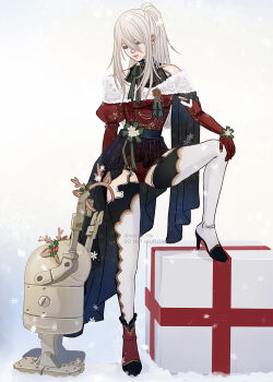 Rule 34 | a2 (nier:automata), animal ears, antlers, asymmetrical gloves, black boots, black gloves, black shorts, blue eyes, boots, breasts, capelet, choker, christmas, christmas ornaments, cleavage, commentary, deer ears, dress, english commentary, fake animal ears, flower, full body, fur-trimmed capelet, fur-trimmed gloves, fur trim, gloves, green ribbon, green scarf, grey hair, high heel boots, high heels, highres, horns, jacket, knee boots, knee up, leg ribbon, light blush, looking at another, medium breasts, mini christmas tree, mitsuki nite, nier:automata, nier (series), open mouth, pod (nier:automata), red capelet, red choker, red dress, red gloves, red jacket, red scarf, reindeer antlers, ribbon, scarf, short dress, short hair, shorts, sitting, standing, thigh boots, thigh ribbon, white boots, white flower