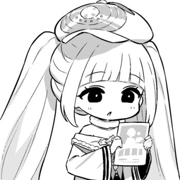 Rule 34 | 1girl, azur lane, azur lane: slow ahead, blunt bangs, chibi, chibi only, dmitri donskoi (azur lane), greyscale, hands up, hat, hori (hori no su), long hair, lowres, monochrome, official art, parka, parted lips, peaked cap, simple background, solo, twintails, upper body, very long hair, white background