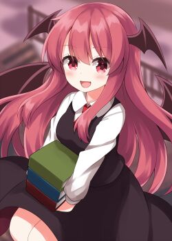 Rule 34 | 1girl, :d, bat wings, black skirt, black vest, blurry, blurry background, blush, book, book stack, collared shirt, commentary request, completion time, cowboy shot, head wings, highres, holding, holding book, koakuma, long hair, long sleeves, looking at viewer, open mouth, red eyes, red hair, ruu (tksymkw), shirt, skirt, skirt set, smile, solo, touhou, vest, white shirt, wings