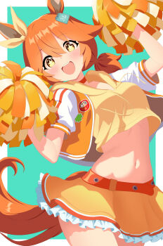 +_+ 1girl absurdres alternate_costume animal_ears belt blush bow breasts cheerleader choker cropped_hoodie ear_bow hair_between_eyes hair_ornament highres holding holding_pom_poms hood hoodie horse_ears horse_girl horse_tail jacket long_hair looking_at_viewer matikanefukukitaru_(umamusume) midriff navel open_mouth orange_belt orange_choker orange_hair orange_jacket orange_skirt pom_pom_(cheerleading) pom_poms r1on_22 short_sleeves skirt smile solo star_(symbol) stomach tail teeth umamusume upper_teeth_only yellow_bow yellow_hoodie