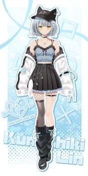 1girl animal_ears animal_hat arrow_(symbol) arrow_through_heart bare_shoulders baseball_cap belt black_belt black_choker black_hair black_hat black_shoes black_skirt black_socks blue_background blue_camisole border breasts brown_eyes brown_thighhighs buckle camisole choker closed_mouth collarbone commentary_request commission fake_animal_ears full_body grey_hair hair_ornament hairclip hat heart heart-shaped_buckle highres jacket kunashiki_rin long_sleeves looking_at_viewer loose_socks multicolored_hair myusha nexustella off_shoulder open_clothes open_jacket outline pleated_skirt puffy_long_sleeves puffy_sleeves safety_pin shoes single_fishnet_legwear skirt sleeves_past_fingers sleeves_past_wrists small_breasts smile socks socks_over_thighhighs solo standing streaked_hair thighhighs virtual_youtuber white_border white_jacket white_outline x_hair_ornament