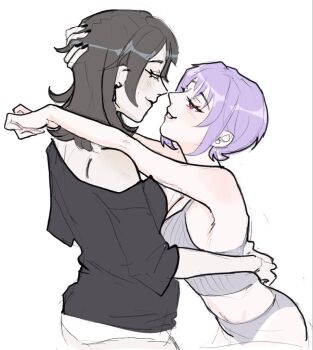 2girls arms_around_neck bang_dream! bang_dream!_it's_mygo!!!!! black_hair black_nails black_shirt camisole commentary earrings grey_camisole grey_panties hand_in_another's_hair hashtag-only_commentary jewelry kryakw medium_hair multiple_girls off-shoulder_shirt off_shoulder panties parted_lips pink_eyes purple_hair shirt short_hair simple_background smile underwear white_background yahata_umiri yuri yuutenji_nyamu