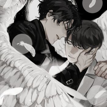 2boys belt black_coat black_eyes black_hair blackbox_(blackbox9158) breath clenched_teeth closed_eyes coat curtained_hair falling_feathers feathered_wings feathers hand_on_another&#039;s_face hand_on_another&#039;s_shoulder heads_together highres kim_dokja male_focus multiple_boys multiple_scars omniscient_reader&#039;s_viewpoint open_clothes open_coat parted_lips popped_collar scar scar_on_hand short_hair sky star_(sky) starry_sky sun_behind_head teeth third-party_source white_coat white_wings wings yoo_joonghyuk