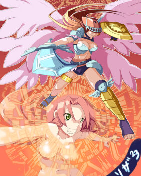 Rule 34 | 2girls, age difference, alternate universe, angry, armpits, asymmetrical clothes, biomerge, breasts, character request, cleavage, clenched teeth, collarbone, completely nude, convenient censoring, covered eyes, determined, digimon, digimon (creature), digimon tamers, dual wielding, energy, epic, fang, feet, female focus, fighting stance, floating hair, full body, fusion, green eyes, groin, helmet, helmet over eyes, holding, holding sword, holding weapon, jewelry, large breasts, legs, long hair, looking at viewer, matrix evolution, medium breasts, multiple girls, multiple wings, navel, neck, nude, orange hair, original, out-of-frame censoring, outstretched arms, parted bangs, parted lips, renlocks, riza23, shield, short shorts, shorts, sidelocks, spread arms, spread legs, stomach, sword, teeth, thighlet, toeless footwear, toes, topless female, topless frame, unworn clothes, upper body, v-shaped eyebrows, weapon, wings
