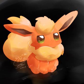 Rule 34 | animal focus, black background, blush, chacoro pokemon, closed mouth, dated, flareon, gen 1 pokemon, green eyes, highres, looking up, nintendo, no humans, pokemon, pokemon (creature), pokemon focus, sitting, solo