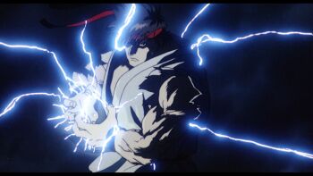 1990s_(style) 1boy dougi hadouken headband karate_gi murase_shuko muscular muscular_male retro_artstyle ryuu_(street_fighter) sparks static street_fighter street_fighter_ii_(series)