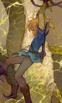 1boy absurdres artist_name belt black_belt black_boots black_gloves blonde_hair blue_eyes blue_shirt boots chinese_commentary commentary_request earrings feet_out_of_frame from_side gloves grey_pants highres jewelry knee_boots layered_sleeves lin09 link long_sleeves male_focus nintendo outdoors pants plant shirt short_hair short_over_long_sleeves short_sleeves solo sword sword_on_back the_legend_of_zelda the_legend_of_zelda:_breath_of_the_wild vines weapon weapon_on_back