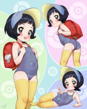 1girl absurdres ass backpack bag black_hair bonnet flatculture grin highres jewelry loli looking_at_viewer looking_back lying multiple_views nintendo on_side pendant pokemon pokemon_(creature) poppy_(pokemon) randoseru simple_background smile standing swimsuit thighhighs v