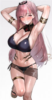 1girl adapted_costume armpits arms_behind_head arms_up bikini black_bikini black_nails black_sarong black_tiara breasts cleavage cowboy_shot highres hololive hololive_english large_breasts long_hair looking_at_viewer maro2ki3 mori_calliope mori_calliope_(1st_costume) navel pink_eyes pink_hair presenting_armpit red_eyes sandals sarong see-through_clothes see-through_sarong side-tie_bikini_bottom smile solo swimsuit tiara toenails veil virtual_youtuber white_background