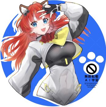 Rule 34 | 1girl, akekuri (arknights), animal ear fluff, animal ears, arknights, arknights: endfield, arm up, black bodysuit, black gloves, blue background, blue eyes, bodysuit, breasts, commentary request, covered navel, dog ears, drop shadow, eyebrows hidden by hair, fingerless gloves, gloves, highres, long hair, long sleeves, medium breasts, puffy long sleeves, puffy sleeves, red hair, round image, short eyebrows, shrug (clothing), solo, thick eyebrows, touno (akarino), very long hair, w, watermark