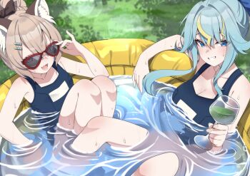 2girls absurdres animal_ear_fluff animal_ears blue_eyes blue_hair bow commentary cup drinking_glass english_commentary fang green_liquid hair_bow hair_ornament highres kaminari_clara komachi_panko multicolored_hair multiple_girls phase_connect pool school_swimsuit smile streaked_hair sunglasses swimsuit valefal_coneri virtual_youtuber water wine_glass