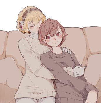 2girls absurdres aigis_(persona) alternate_costume android blonde_hair blush brown_hair brown_sweater closed_eyes closed_mouth couch cowboy_shot gold_hairband hairband hand_on_another&#039;s_shoulder highres leaning_on_person mechanical_hands multiple_girls on_couch persona persona_3 persona_3_portable red_eyes robot_ears shiomi_kotone short_hair simple_background sitting smile sweater tbjj1208 white_background yuri