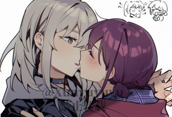 2girls black_choker blush brown_hair chinese_commentary choker closed_eyes commentary_request drunk girls_band_cry grey_eyes grey_hoodie hood hood_down hoodie imminent_kiss iseri_nina kawaragi_momoka low_twintails multiple_girls open_mouth short_hair short_twintails simple_background twintails upper_body white_background xunyu_(manyu) yuri