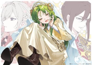 Rule 34 | 1boy, 2girls, blue eyes, boots, brown hair, diana (saihito), dress, gold dress, green eyes, hands up, highres, leonardo el vandimion, long hair, multiple girls, necktie, nervous smile, official art, open mouth, red dress, red necktie, saigo ni hitotsu dake onegai shite mo yoroshii deshou ka, scarlet el vandimion, serious, shirt, sitting, smile, tiara, very long hair, white hair, white shirt, yellow eyes