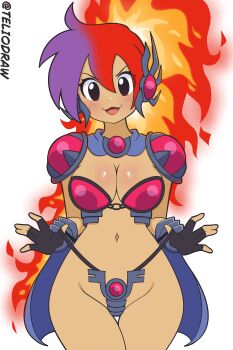absurdres armor artist_name bikini_armor bikini_pull blush breasts cape cleavage clothes_pull cropped_legs fingerless_gloves fire fire_hair gloves groin highres long_hair medium_breasts multicolored_hair navel official_alternate_costume open_mouth pulling_own_clothes purple_hair red_armor red_hair shantae shantae_(series) shantae_(sizzle_armor) shantae_advance:_risky_revolution shoulder_armor simple_background smile tagme teliodraw tongue two-tone_hair very_long_hair white_background