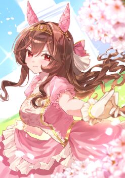 1girl absurdres animal_ears blurry blush breasts brown_hair brown_tail cherry_blossoms closed_mouth commentary_request depth_of_field dress ear_covers falling_petals gentildonna_(la_dama_perfetta)_(umamusume) gentildonna_(umamusume) gloves gul_(parfaitgul) highres horse_ears horse_girl large_breasts long_hair looking_at_viewer offering_hand official_alternate_costume outstretched_arm petals pink_dress pink_petals puffy_short_sleeves puffy_sleeves red_eyes short_sleeves smile solo tiara umamusume upper_body white_gloves