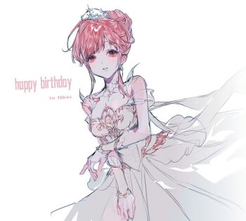 Rule 34 | 1girl, absurdres, arm under breasts, armor, bare shoulders, breastplate, breasts, brown eyes, character name, chinese commentary, cleavage, clothing cutout, collarbone, commentary request, cowboy shot, dress, english text, expressionless, eyelashes, floating clothes, frilled arm warmers, hair bun, happy birthday, highres, holding own arm, infinity nikki, light blush, lips, looking at viewer, medium breasts, medium dress, melody bloom (infinity nikki), nikki (nikki), nikki (series), ouwei, parted lips, pink hair, pink lips, pleated dress, see-through clothes, see-through sleeves, short hair with long locks, short sleeves, shoulder cutout, sidelocks, simple background, single hair bun, solo, tiara, white arm warmers, white background, white dress