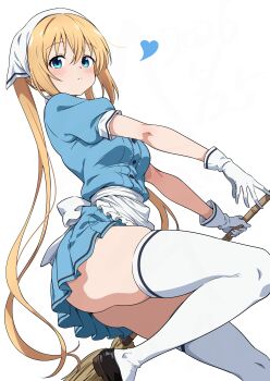 1girl absurdres apron back_bow black_shoes blend_s blonde_hair blue_eyes blue_shirt blue_skirt blush bow breasts broom buttons closed_mouth commentary frilled_apron frills frown gloves hair_between_eyes headscarf heart highres hinata_kaho holding holding_broom long_hair looking_at_viewer medium_breasts miniskirt nishizuki_shino pleated_skirt puffy_short_sleeves puffy_sleeves shirt shoes short_sleeves sidelocks simple_background skirt solo standing standing_on_one_leg stile_uniform thighhighs twintails very_long_hair waist_apron white_apron white_background white_bow white_gloves white_headscarf white_thighhighs