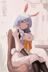 Rule 34 | 1girl, absurdres, animal ear fluff, animal ears, artist name, blue hair, bodystocking, breasts, coffee mug, cup, detached sleeves, dress, feet out of frame, hand on own chest, highres, hololive, large breasts, light blue hair, long hair, looking at viewer, low-braided long hair, low-tied long hair, mature female, mug, multicolored hair, noraesei, orange ribbon, pekomama, rabbit ears, red eyes, ribbon, sitting, smile, table, thick eyebrows, two-tone hair, virtual youtuber, waist ribbon, white dress, wooden chair