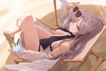1girl absurdres adjusting_eyewear aviator_sunglasses bacon_quiche bikini black_one-piece_swimsuit blue_archive brown-tinted_eyewear crossed_legs feathered_wings hair_over_one_eye halo hand_on_eyewear highres legs low_wings nagisa_(blue_archive) nagisa_(swimsuit)_(blue_archive) official_alternate_costume official_alternate_hairstyle one-piece_swimsuit pink_halo ponytail sitting sunglasses swimsuit tinted_eyewear white_wings wings