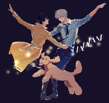 Rule 34 | 2boys, black hair, coat, collared shirt, copyright name, dancing, dog, en (enxxx), closed eyes, glasses, grin, katsuki yuuri, la la land, makkachin, male focus, multiple boys, necktie, parody, shirt, silver hair, smile, star (symbol), tongue, tongue out, viktor nikiforov, wing collar, yuri!!! on ice