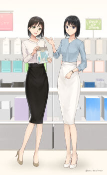 2girls absurdres black_skirt blue_shirt brown_shoes commission high_heels highres holding legs long_skirt multiple_girls office_lady original pencil_skirt pixiv_commission setu_kurokawa shirt shoes skirt variant_set watch white_shirt white_shoes white_skirt wristwatch