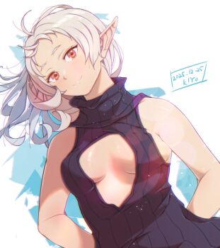 1girl arms_behind_back bare_shoulders black_sweater blush breasts cleavage_cutout closed_mouth clothing_cutout commentary_request dated dress elf highres kiyo_(a_sam_ko) looking_at_viewer medium_hair mushoku_tensei parted_bangs pointy_ears red_eyes signature sleeveless sleeveless_sweater sleeveless_turtleneck small_breasts solo sweater sweater_dress sylphiette_(mushoku_tensei) turtleneck turtleneck_sweater upper_body virgin_killer_sweater white_hair