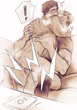 ! 2boys akaashi_keiji anal ass back black_hair bokuto_koutarou bottomless commentary cum cum_in_ass cum_overflow embarrassed greyscale haikyuu!! hand_on_another&#039;s_back highres koukiki9 male_focus male_penetrated monochrome multiple_boys penis rectangular_eyewear sex shirt short_hair sitting sitting_on_lap sitting_on_person socks symbol-only_commentary white_shirt yaoi yoi