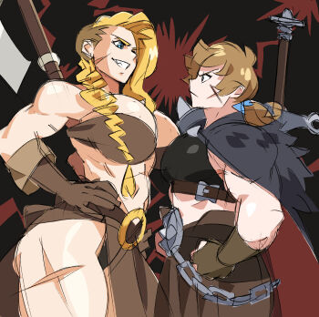 2girls axe barbarian blonde_hair blue_eyes bravely_default_(series) breasts brown_gloves brown_hair character_request gloves grin highres hilde_(nisego) huge_weapon large_breasts looking_at_another multiple_girls nisego original pelvic_curtain scar scar_on_face smile sword teeth v-shaped_eyebrows weapon weapon_on_back
