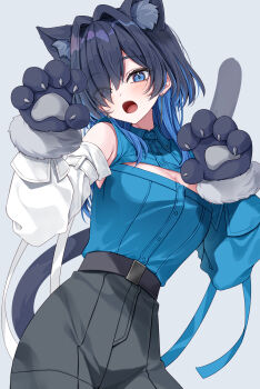 1girl :o absurdres animal_ears animal_hands asymmetrical_sleeves black_hair black_pants blue_eyes blue_hair blue_shirt blue_sleeves breasts cat_ears cat_girl cat_tail cleavage cleavage_cutout clothing_cutout collared_shirt colored_inner_hair commentary detached_sleeves earrings extra_ears gloves grey_background hair_intakes hair_over_one_eye hands_up highres hololive hololive_english jewelry large_breasts long_hair looking_at_viewer mismatched_sleeves mogu_(au1127) multicolored_hair official_alternate_costume official_alternate_hairstyle open_mouth ouro_kronii ouro_kronii_(4th_costume) pants paw_gloves shirt shirt_tucked_in simple_background sleeveless sleeveless_shirt solo tail two-tone_hair virtual_youtuber white_sleeves wolf_cut