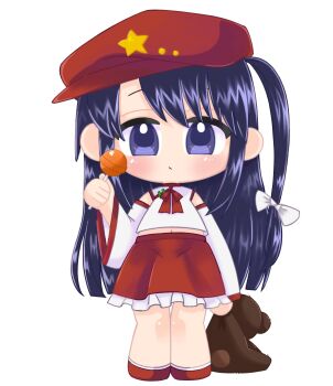 1girl bare_shoulders candy closed_mouth commentary_request detached_sleeves dolls_in_pseudo_paradise flats food frilled_skirt frills hat hat_ornament highres hmr_rk label_girl_(dipp) lollipop long_sleeves midriff_peek navel neck_ribbon newsboy_cap purple_eyes purple_hair red_hat red_ribbon red_shoes red_skirt ribbon shirt shoes skirt solo star_(symbol) star_hat_ornament stuffed_animal stuffed_toy teddy_bear touhou white_shirt white_sleeves wide_sleeves