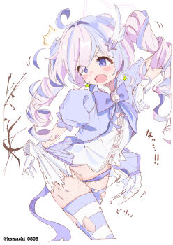 1girl absurdres accidental_exposure ahoge artist_name blue_archive blush branch drill_hair eyes_visible_through_hair flat_chest gloves groin hair_ornament halo highres komachi_0808 long_hair looking_down magical_girl multicolored_hair open_mouth purple_eyes purple_hair purple_ribbon reisa_(blue_archive) reisa_(magical)_(blue_archive) ribbon short_sleeves simple_background standing star_(symbol) star_hair_ornament stomach surprised sweatdrop thighhighs torn_clothes torn_thighhighs translation_request white_background white_gloves white_hair wing_hair_ornament