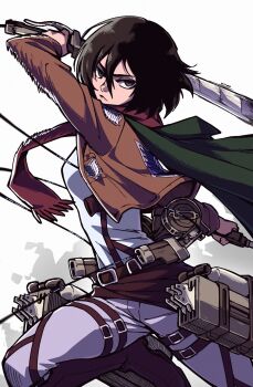Rule 34 | 1girl, absurdres, arm up, belt, belt buckle, black hair, brown jacket, buckle, closed mouth, fighting stance, grey eyes, grey pants, hair between eyes, hashtag-only commentary, highres, holding, holding weapon, jacket, long sleeves, looking at viewer, mikasa ackerman, open clothes, open jacket, pants, paradis military uniform, red scarf, scarf, shingeki no kyojin, shirt, short hair, solo, survey corps (emblem), thigh strap, three-dimensional maneuver gear, weapon, white shirt, windiwindo