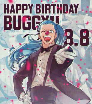 1boy absurdres abunaideka arm_up beard_stubble black_bow black_bowtie black_jacket black_pants black_suit blue_eyes blue_hair bow bowtie buggy_the_clown character_name clown_nose collared_shirt commentary_request confetti dated english_text eyelashes facial_hair floating_hair formal_clothes gloves hand_on_own_hip happy_birthday highres jacket lapels long_hair long_sleeves male_focus multiple_views one_eye_closed one_piece open_clothes open_jacket outstretched_arm pants sanpaku shirt shirt_tucked_in standing stubble suit suit_jacket suspenders teeth tongue tongue_out very_long_hair white_gloves white_shirt