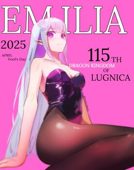 1girl alternate_costume alternate_hairstyle april_fools bare_shoulders breasts cleavage commentary commentary_request cover covered_navel elf emilia_(re:zero) english_commentary english_text fake_magazine_cover flower hair_flower hair_ornament highleg highres korean_commentary leotard long_hair looking_at_viewer magazine_cover medium_breasts pantyhose playboy_bunny pointy_ears purple_eyes re:zero_kara_hajimeru_isekai_seikatsu rose sitting solo strapless strapless_leotard twitter_username white_flower white_hair white_rose yolga0101