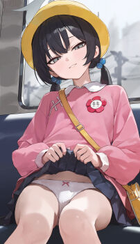 1girl absurdres black_hair blue_archive clothes_lift commentary hat highres kindergarten_uniform kisaki_(blue_archive) kisaki_(kindergarten_uniform)_(blue_archive) long_hair looking_at_viewer low_twintails open_mouth panties pink_sweater pleated_skirt school_hat sitting skirt skirt_lift solo sweater teeth toi1et_paper train twintails underwear white_panties yellow_hat